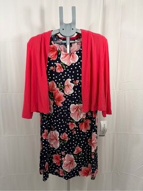 NWT Perceptions Women’s XL Floral Navy Polka Dot Dress with Coral Pink Top